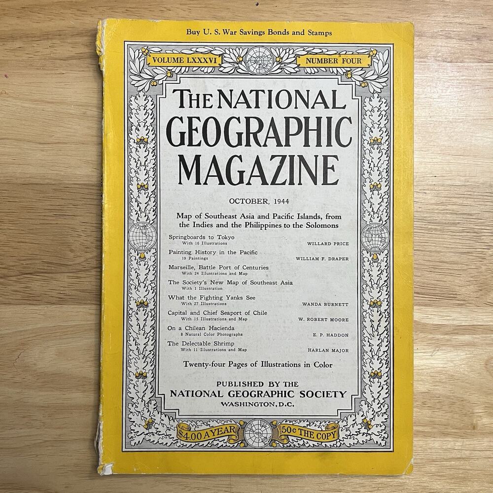 Vintage National Geographic October 1944 Tokyo Painting Marseille Asia Chile